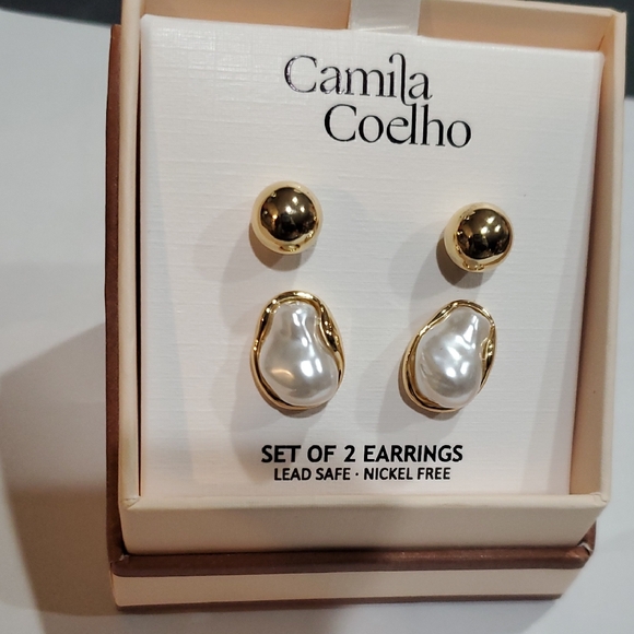 Camila Coelho Jewelry - Camila‎ Coelho set of 2 gold plated round ball stud and organic pearl earrings
